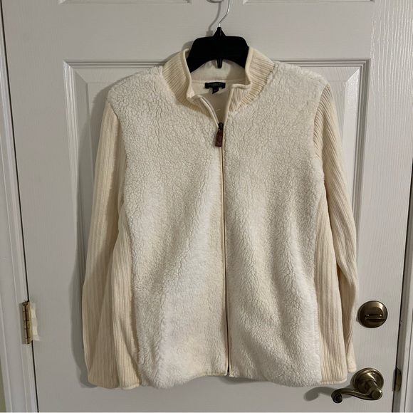 Talbots faux fur sweater plus size 1X petite Ivory cream full zip cotton lined - Picture 1 of 5